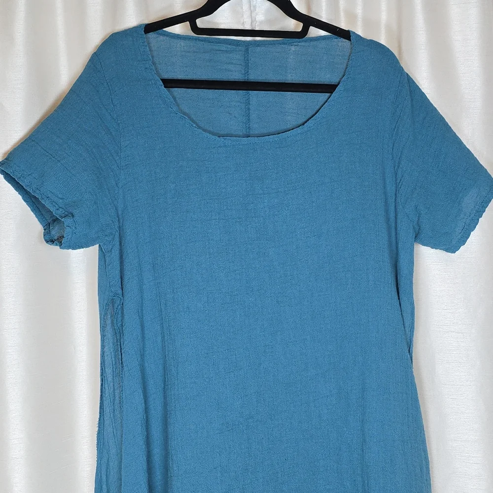 MEO MELI Made In Italy 100% Linen Tunic Top Blue Short Sleeve Lrg/XL Cottagecore - Picture 6 of 15